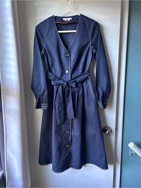 Boden Navy Long-Sleeve Button Midi Dress with Tie Waist